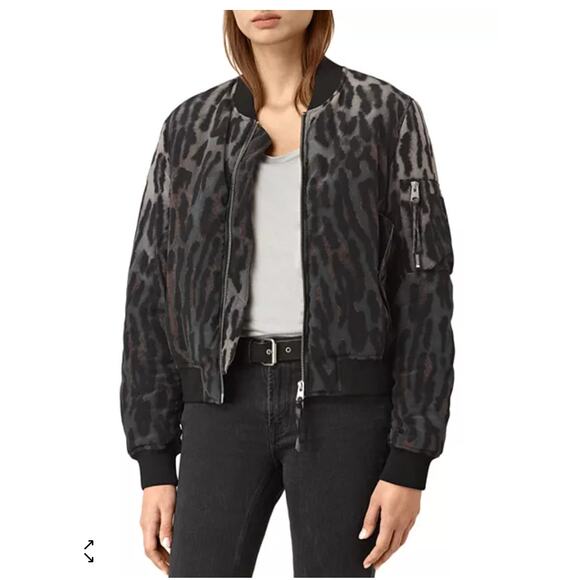 ALLSAINTS Sinai Leopard Print Silk Bomber Jacket Womens Small - Picture 1 of 16